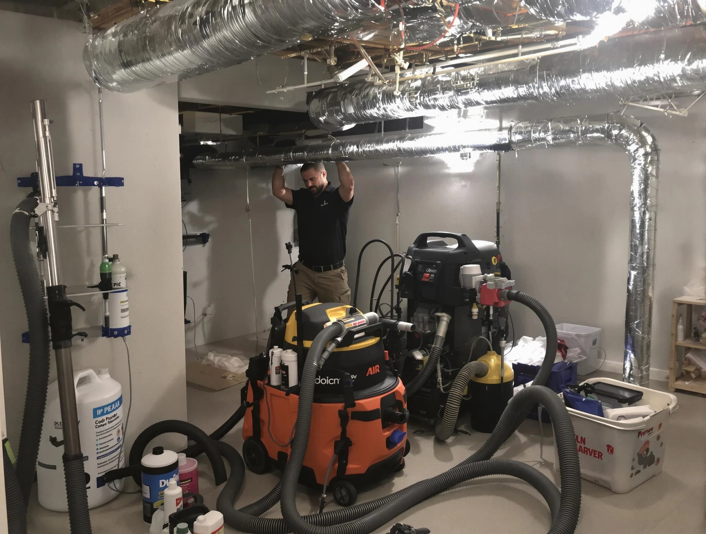 Talladega Air Duct Cleaning specialist performing professional mold removal from air ducts using safety equipment in Talladega